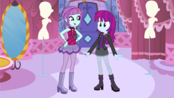 Size: 6384x3592 | Tagged: safe, artist:diegator007, artist:themexicanpunisher, artist:trohobo, mystery mint, sunny flare, equestria girls, equestria girls specials, g4, my little pony equestria girls: dance magic, absurd resolution, carousel boutique, clothes, duo, duo female, female, open mouth