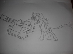 Size: 2560x1920 | Tagged: safe, artist:westrail642fan, oc, oc only, oc:lightning bliss, alicorn, pony, alicorn oc, goggles, minigun, solo, team fortress 2, traditional art