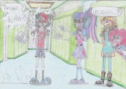 Size: 1732x1225 | Tagged: safe, artist:nephilim rider, pinkie pie, sci-twi, sunset shimmer, twilight sparkle, oc, oc:heaven lost, pony, epic fails, equestria girls, equestria girls specials, g4, my little pony equestria girls: summertime shorts, traditional art