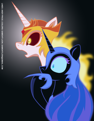 Size: 2550x3300 | Tagged: safe, artist:andypriceart, artist:samoht-lion, color edit, edit, daybreaker, nightmare moon, alicorn, pony, a royal problem, g4, colored, duo, female, gradient background, helmet, high res, hoof shoes, looking at something, mare, reaction image, sisters
