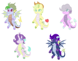 Size: 1008x792 | Tagged: safe, artist:t-erminallyhijinxed, spike, oc, oc only, dracony, dragon, hybrid, female, interspecies offspring, male, offspring, parent:applejack, parent:pinkie pie, parent:rainbow dash, parent:spike, parent:starlight glimmer, parent:twilight sparkle, parents:applespike, parents:pinkiespike, parents:rainbowspike, parents:sparlight, parents:twispike, simple background, spike gets all the mares, straight, transparent background