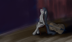 Size: 3015x1777 | Tagged: safe, artist:taggerung, octavia melody, earth pony, pony, g4, bow (instrument), cello, chair, female, musical instrument, sad, solo, stage