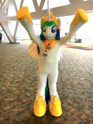 Size: 3024x4032 | Tagged: safe, artist:atalonthedeer, princess celestia, human, bronycon, bronycon 2017, g4, clothes, cosplay, costume, fursuit, irl, irl human, photo