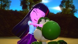 Size: 1600x900 | Tagged: safe, artist:icepony64, twilight sparkle, alicorn, yoshi, equestria girls, g4, 3d, crossover, gmod, hug, super mario bros., twilight sparkle (alicorn), yoshilight