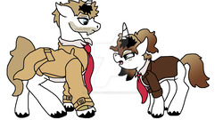 Size: 1024x551 | Tagged: safe, artist:creative-blossom, oc, oc only, oc:jezebel, pony, unicorn, angry, clothes, constantine, daughter, family, father, father and daughter, female, filly, grumpy, hellblazer, john constantine, male, mare, next generation, stallion, watermark
