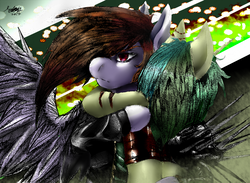 Size: 3010x2206 | Tagged: safe, artist:brainiac, oc, oc only, oc:liftan drift, oc:piper, pony, balefire, bomber jacket, female, fog, high res, hoofington reaper, hug, leather, lesbian, mare, patch, protecting, protective pose, raider, raider armor, romance, spiked armor, spikes, wing fluff