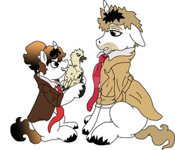 Size: 1024x877 | Tagged: safe, artist:creative-blossom, oc, oc only, oc:alex constantine, oc:alexa, bird, duck, pony, unicorn, angry, clothed ponies, clothes, constantine, dad, daughter, father, female, filly, hellblazer, john constantine, male, mare, nervous, scruffy, smiling, stallion, stubble, watermark