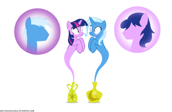Size: 1050x682 | Tagged: safe, artist:navitaserussirus, trixie, twilight sparkle, genie, pony, g4, cropped, female, lesbian, rule 63, ship:twixie, shipping
