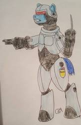 Size: 1113x1710 | Tagged: safe, artist:rapidsnap, pony, bipedal, crossover, gun, police, robocop, solo, traditional art, weapon