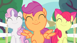 Size: 1920x1080 | Tagged: safe, screencap, apple bloom, scootaloo, sweetie belle, earth pony, pegasus, pony, unicorn, flight to the finish, g4, adorabloom, big smile, cute, cutealoo, cutie mark crusaders, diasweetes, female, filly, raised hoof, spread wings, wings