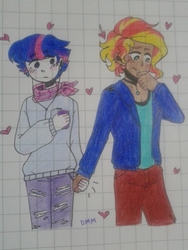 Size: 640x480 | Tagged: safe, artist:pandemiamichi, sunset shimmer, twilight sparkle, human, g4, alternate clothes, blushing, cute, dusk shine, duskabetes, female, gay, graph paper, heart, holding hands, human coloration, humanized, lined paper, looking away, male, meme, otp, rule 63, rule63betes, shimmerbetes, ship:duskglare, ship:sunsetsparkle, shipping, sunset glare, traditional art, twiabetes