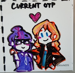 Size: 2424x2372 | Tagged: safe, artist:mlp-hearts, sci-twi, sunset shimmer, twilight sparkle, equestria girls, g4, blushing, cute, duo, female, heart, high res, lesbian, markers, meme, otp, shimmerbetes, ship:sci-twishimmer, ship:sunsetsparkle, shipping, traditional art, twiabetes