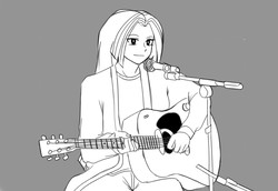 Size: 2863x1975 | Tagged: safe, artist:nairdags, aria blaze, equestria girls, g4, female, gray background, grayscale, guitar, kurt cobain, microphone, monochrome, nirvana, simple background, smiling, solo