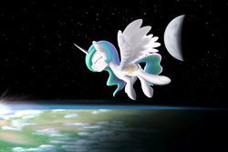 Size: 3000x2000 | Tagged: safe, artist:stillwaterspony, princess celestia, alicorn, pony, g4, atg 2017, eyes closed, female, floating, high res, meditating, moon, newbie artist training grounds, orbit, planet, ponies in space, solo, space, stars