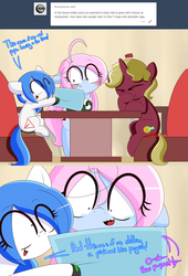 Size: 3390x5000 | Tagged: safe, artist:fullmetalpikmin, oc, oc only, oc:flask, oc:mal, oc:rickety rails, pony, tumblr:ask viewing pleasure, absurd resolution, ask, clothes, restaurant, tumblr