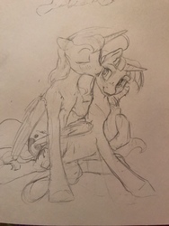 Size: 960x1280 | Tagged: safe, artist:silfoe, princess luna, twilight sparkle, alicorn, pony, other royal book, g4, duo, female, grayscale, kissing, lesbian, monochrome, pencil drawing, ship:twiluna, shipping, sketch, traditional art, twilight sparkle (alicorn)