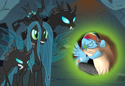 Size: 1079x741 | Tagged: safe, artist:conthauberger, queen chrysalis, rainbow dash, changeling, human, fanfic:my little dashie, g4, daddy, hug, queen chrysalis's crystal ball, revenge