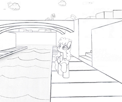 Size: 1509x1263 | Tagged: safe, artist:dsb71013, oc, oc only, oc:maplejack, pegasus, pony, background pony, bridge, canal, comic, duo, female, mare, monochrome