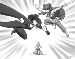 Size: 2000x1566 | Tagged: safe, artist:johnjoseco, spike, dragon, human, g4, cathy weseluck, crossover, cybersix, grayscale, monochrome, ranma 1/2, shampoo (ranma 1/2), voice actor joke