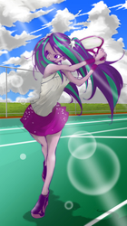 Size: 842x1500 | Tagged: safe, artist:ddd1983, aria blaze, equestria girls, g4, clothes, crepuscular rays, cute, female, legs, pigtails, shoes, skirt, skirt lift, sneakers, sports, tennis, tennis racket, twintails