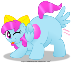 Size: 1024x921 | Tagged: safe, artist:aleximusprime, oc, oc only, oc:bubble bounce, pegasus, pony, butt, fat, female, looking at you, mare, one eye closed, plot, simple background, tongue out, wink