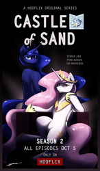 Size: 3500x6000 | Tagged: safe, artist:gasmaskfox, princess celestia, princess luna, alicorn, pony, g4, bipedal, crown, female, house of cards, jewelry, looking at you, mare, parody, pink-mane celestia, regalia, royal sisters, sisters, sitting, smiling