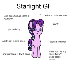 Size: 776x776 | Tagged: safe, artist:anonymous, starlight glimmer, pony, unicorn, g4, cute, female, glimmerbetes, ideal gf, implied anon, implied trixie, mare, meme, simple background, smiling, solo, text, that pony sure does love kites, white background, wow! glimmer