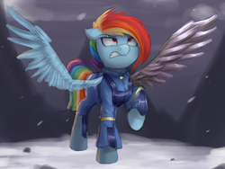 Size: 1400x1050 | Tagged: safe, artist:vanillaghosties, rainbow dash, pegasus, pony, g4, the cutie re-mark, alternate timeline, amputee, apocalypse dash, atg 2017, augmented, crystal war timeline, female, mare, newbie artist training grounds, prosthetic limb, prosthetic wing, prosthetics, raised hoof, serious, serious face, solo, spread wings, wings