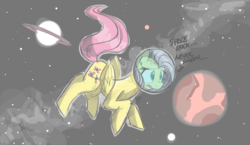 Size: 2316x1347 | Tagged: safe, artist:flutterthrash, fluttershy, pony, g4, atg 2017, dialogue, newbie artist training grounds, planet, space