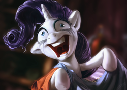 Size: 1200x850 | Tagged: safe, artist:assasinmonkey, rarity, pony, unicorn, fame and misfortune, g4, crazy face, crying, derp, digital painting, fabric, faic, female, insanity, makeup, mare, nightmare fuel, open mouth, rarisnap, running makeup, scene interpretation, smiling, solo, uncanny valley, why i'm creating a gown darling