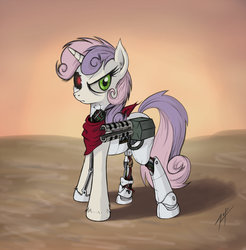 Size: 2000x2033 | Tagged: safe, artist:zetamad, sweetie belle, cyborg, pony, robot, robot pony, unicorn, g4, clothes, damaged, female, filly, foal, high res, hooves, horn, robot gore, scarf, solo, sweetie bot, weapon