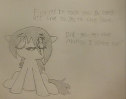 Size: 1607x1266 | Tagged: artist needed, safe, oc, oc only, oc:floor bored, earth pony, pony, 4chan, dialogue, female, mare, monochrome, sitting, solo, traditional art
