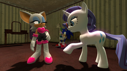 Size: 1366x768 | Tagged: safe, artist:migueruchan, rarity, spike, dragon, g4, 3d, crossover, male, rouge the bat, sonic the hedgehog, sonic the hedgehog (series)