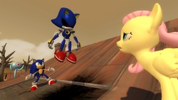 Size: 1366x768 | Tagged: safe, artist:migueruchan, fluttershy, pony, g4, 3d, crossover, male, metal sonic, sonic colors, sonic the hedgehog, sonic the hedgehog (series), wisp, yacker