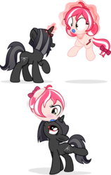 Size: 3039x4811 | Tagged: safe, artist:nxzc88, oc, oc only, oc:cherry blossom, oc:shurelya, pegasus, pony, unicorn, air nozzle, balancing, ball, beach ball, blushing, bow, duo, duo female, female, glowing horn, hair bow, horn, inanimate tf, magic, mare, morph ball, ponies balancing stuff on their nose, red eyes, simple background, telekinesis, transformation, transformed, transparent background
