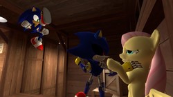 Size: 1366x768 | Tagged: safe, artist:migueruchan, fluttershy, pony, g4, 3d, crossover, male, metal sonic, sonic the hedgehog, sonic the hedgehog (series)