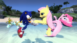 Size: 1366x768 | Tagged: safe, artist:migueruchan, fluttershy, pinkie pie, pony, g4, 3d, crossover, male, miles "tails" prower, sonic the hedgehog, sonic the hedgehog (series)
