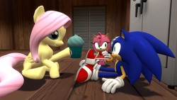 Size: 1366x768 | Tagged: safe, artist:migueruchan, fluttershy, pony, g4, 3d, amy rose, clothes, crossover, cupcake, food, male, panties, skirt, sonic the hedgehog, sonic the hedgehog (series), underwear, upskirt, white underwear