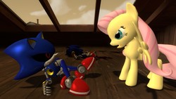 Size: 1366x768 | Tagged: safe, artist:migueruchan, fluttershy, pony, g4, 3d, crossover, male, metal sonic, sonic the hedgehog, sonic the hedgehog (series)