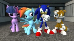Size: 1366x768 | Tagged: safe, artist:migueruchan, rainbow dash, twilight sparkle, pony, g4, 3d, crossover, male, miles "tails" prower, sonic the hedgehog, sonic the hedgehog (series)