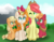 Size: 1024x799 | Tagged: safe, artist:huskywo1f, apple bloom, applejack, big macintosh, bright mac, pear butter, earth pony, pony, g4, the perfect pear, apple bloom's bow, apple family, apple siblings, apple sisters, baby, baby pony, big macintosh's yoke, bow, braid, brother and sister, colt, cowboy hat, cute, daaaaaaaaaaaw, eyes closed, family, female, filly, foal, hair bow, hat, horse collar, male, one eye closed, ship:brightbutter, shipping, siblings, sisters, sitting, straight, wink, younger