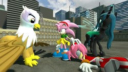 Size: 1366x768 | Tagged: safe, artist:migueruchan, gilda, queen chrysalis, changeling, changeling queen, griffon, g4, 3d, amy rose, crossover, eyes closed, eyes on the prize, female, happy, imminent vore, open mouth, prone, rosy the rascal, smiling, sonic the hedgehog (series), spread wings, unconscious, wide eyes, wings