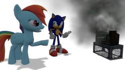 Size: 1366x768 | Tagged: safe, artist:migueruchan, rainbow dash, pony, g4, 3d, crossover, female, male, solo, sonic the hedgehog, sonic the hedgehog (series), television, wii, wii remote