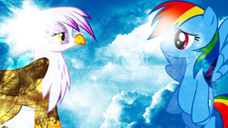 Size: 1920x1080 | Tagged: safe, artist:anxet, artist:penguinsn1fan, artist:php11, gilda, rainbow dash, griffon, pony, g4, cloud, lens flare