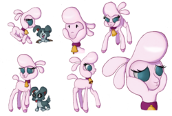 Size: 1400x940 | Tagged: safe, artist:swasfews, pom (tfh), dog, lamb, sheep, them's fightin' herds, bell, bell collar, collar, community related, digital art, female, lying, open mouth, puppy, simple background, standing, tongue out, transparent background