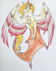 Size: 1024x1301 | Tagged: safe, artist:oneiria-fylakas, oc, oc only, oc:suzy, original species, pony, augmented tail, colored wings, female, flying, mare, multicolored wings, solo, traditional art