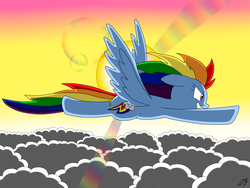 Size: 3264x2448 | Tagged: safe, artist:megaartist923, rainbow dash, pony, g4, backwards cutie mark, cloud, female, flying, high res, lens flare, rainbow, solo, sunset