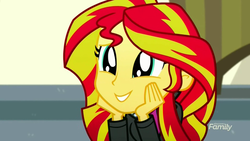 Size: 1280x720 | Tagged: safe, screencap, sunset shimmer, equestria girls, g4, my little pony equestria girls: summertime shorts, pet project, big eyes, cute, happy, shimmerbetes, smiling