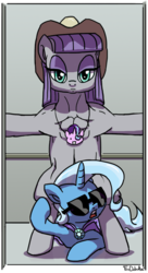 Size: 500x921 | Tagged: safe, artist:foudubulbe, maud pie, starlight glimmer, trixie, earth pony, pony, unicorn, comic:damp rocks, g4, bipedal, duo, female, gangnam style, hat, implied starmaud, lesbian, mare, medallion, muscles, muscular female, open mouth, ship:mauxie, shipping, sunglasses, wat