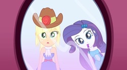 Size: 639x353 | Tagged: safe, screencap, applejack, rarity, eqg summertime shorts, equestria girls, g4, make up shake up, bare shoulders, cute, fall formal outfits, female, flower, hat, looking at you, mascara, mirror, raribetes, rose, sleeveless, strapless